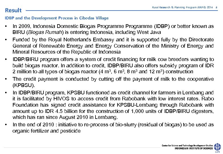 Result Rural Research & Planning Program (RRPG) 2014 IDBP and the Development Process in