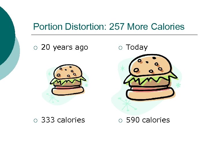 Portion Distortion: 257 More Calories ¡ 20 years ago ¡ Today ¡ 333 calories