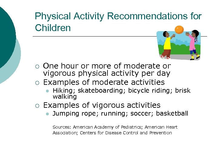 Physical Activity Recommendations for Children ¡ ¡ One hour or more of moderate or