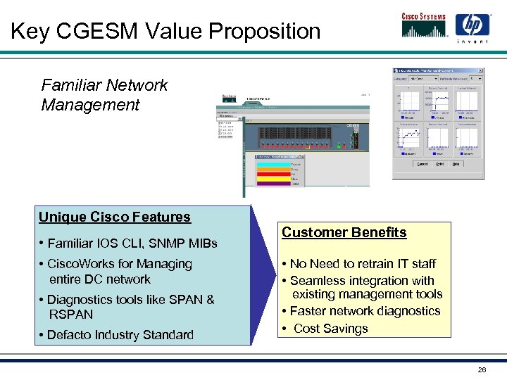 Key CGESM Value Proposition Familiar Network Management Unique Cisco Features • Familiar IOS CLI,