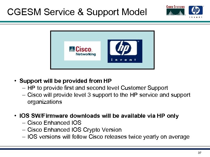 CGESM Service & Support Model • Support will be provided from HP – HP
