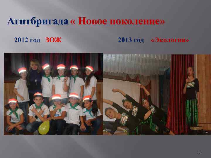 Агитбригада « Новое поколение» 2012 год ЗОЖ 2013 год «Экология» 13 