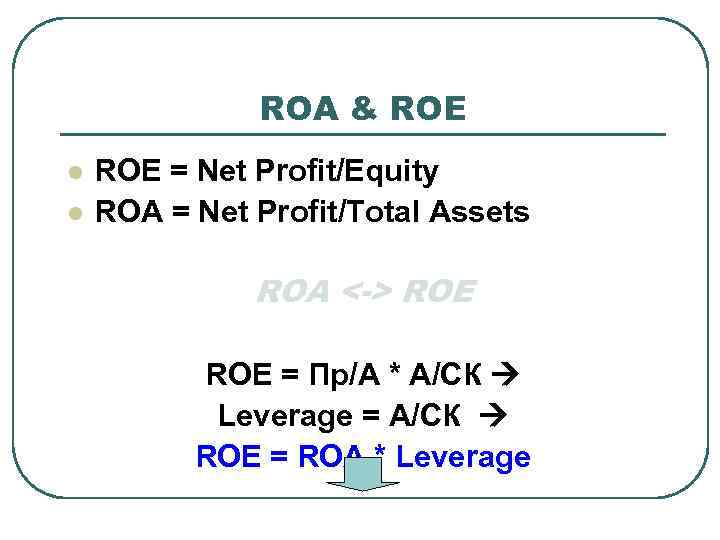 ROA & ROE l l ROE = Net Profit/Equity ROA = Net Profit/Total Assets