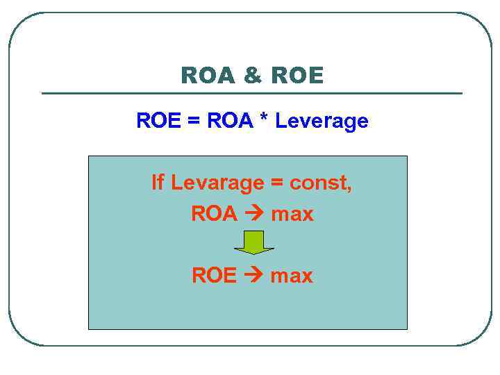 ROA & ROE = ROA * Leverage If Levarage = const, ROA max ROE