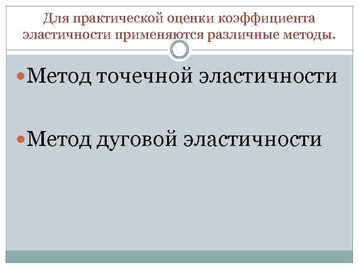 Для практической оценки коэффициента эластичности применяются различные методы. Метод точечной эластичности Метод дуговой эластичности