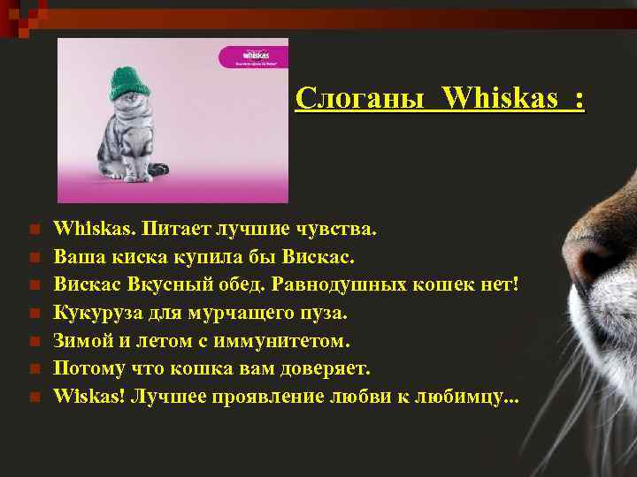 Cлоганы Whiskas : n n n n Whiskas. Питает лучшие чувства. Ваша киска купила