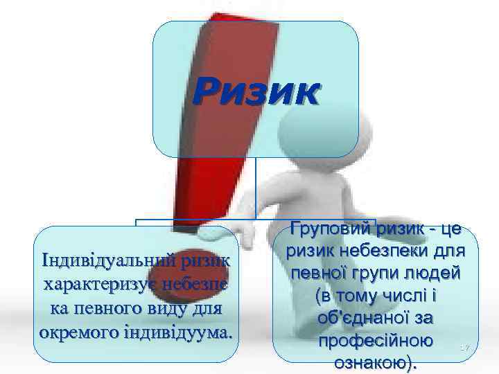 Ризик Індивідуальний ризик характеризує небезпе ка певного виду для окремого індивідуума. Груповий ризик -