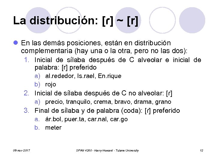 La distribución: [ɾ] ~ [r] l En las demás posiciones, están en distribución complementaria