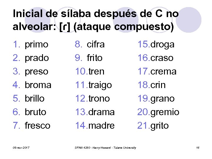 Inicial de sílaba después de C no alveolar: [ɾ] (ataque compuesto) 1. 2. 3.
