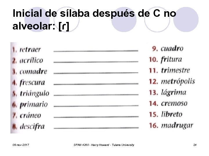 Inicial de sílaba después de C no alveolar: [ɾ] 08 -nov-2017 SPAN 4260 -