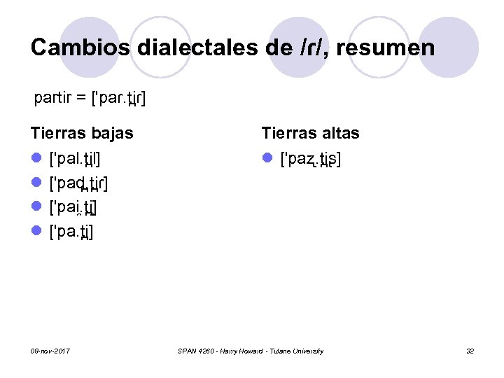 Cambios dialectales de /ɾ/, resumen partir = ['paɾ. t iɾ] Tierras bajas l ['pal.