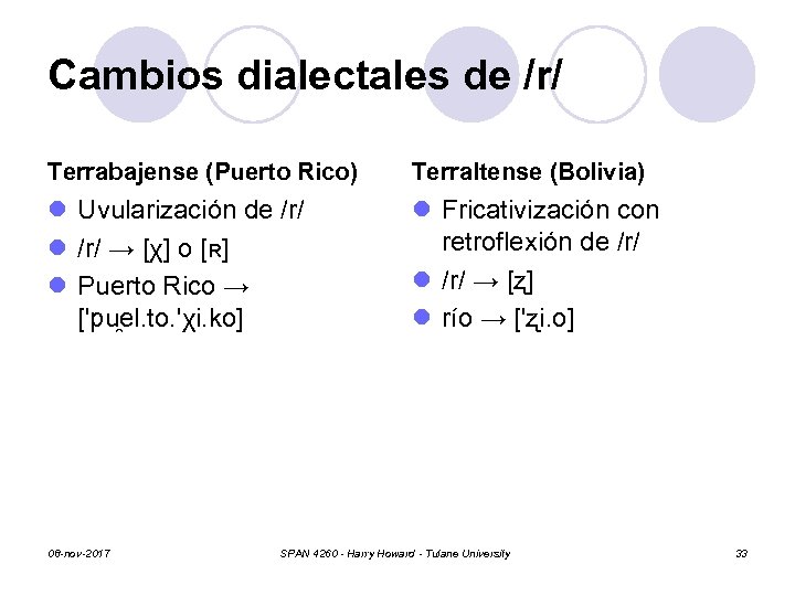 Cambios dialectales de /r/ Terrabajense (Puerto Rico) Terraltense (Bolivia) l Uvularización de /r/ l