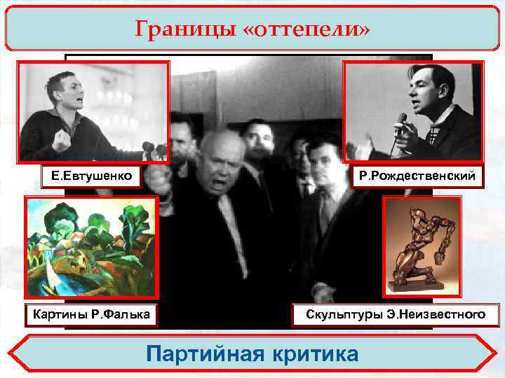Границы «оттепели» Е. Евтушенко Р. Рождественский Картины Р. Фалька Скульптуры Э. Неизвестного Партийная критика