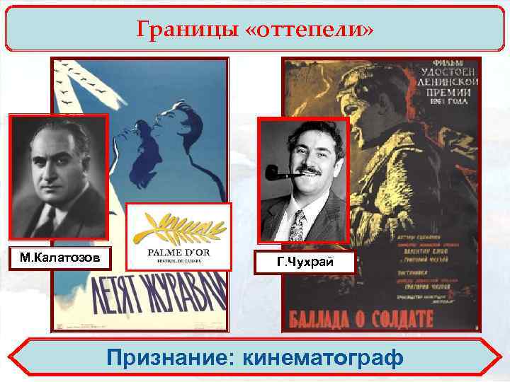 Границы «оттепели» М. Калатозов Г. Чухрай Признание: кинематограф 