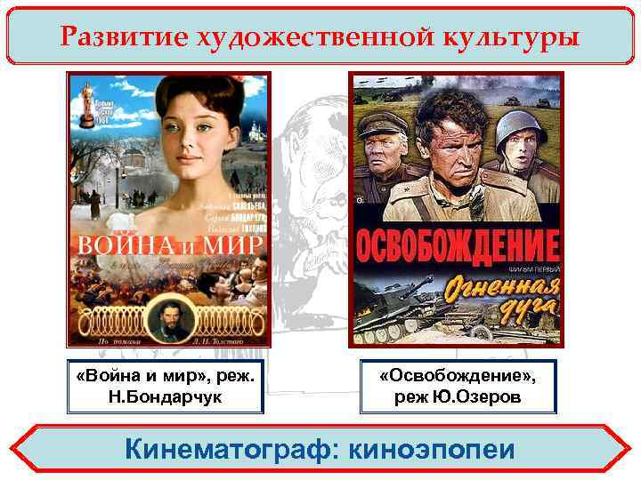Развитие художественной культуры «Война и мир» , реж. Н. Бондарчук «Освобождение» , реж Ю.