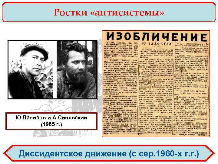 Ростки «антисистемы» Ю. Даниэль и А. Синявский (1965 г. ) Диссидентское движение (с сер.