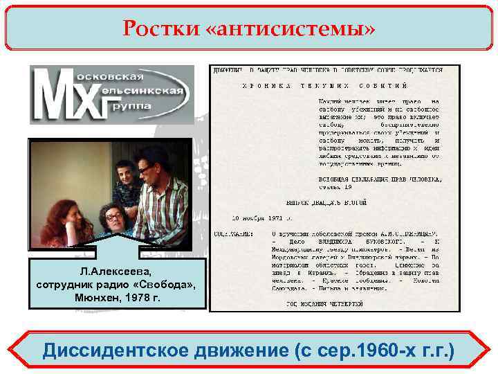 Ростки «антисистемы» Л. Алексеева, сотрудник радио «Свобода» , Мюнхен, 1978 г. Диссидентское движение (с