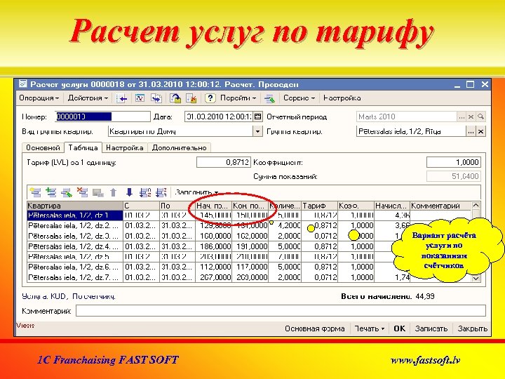 Расчет услуг по тарифу Вариант расчёта услуги по показаниям счётчиков 1 C Franchaising FAST