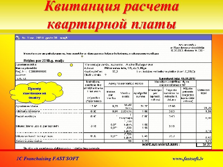 Квитанция расчета квартирной платы Пример квитанции на оплату 1 C Franchaising FAST SOFT www.