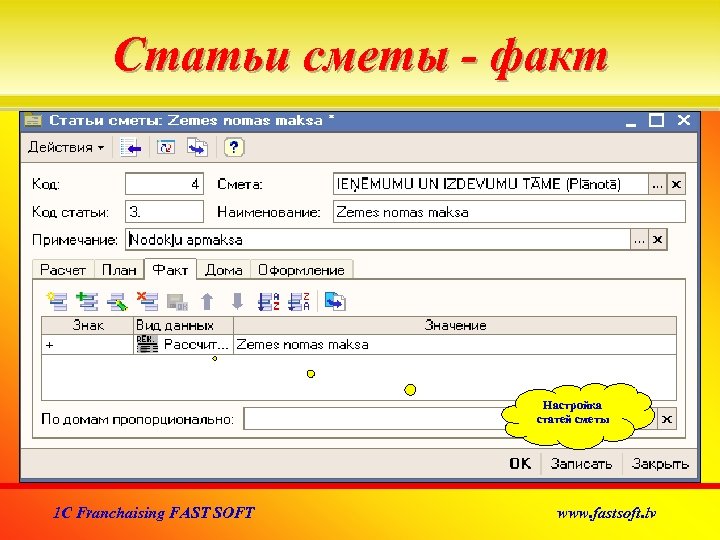 Статьи сметы - факт Настройка статей сметы 1 C Franchaising FAST SOFT www. fastsoft.