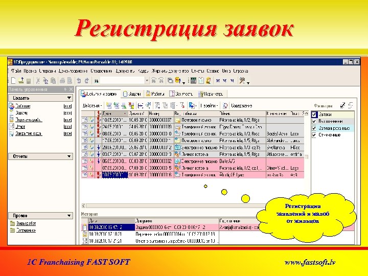 Регистрация заявок Регистрация заявлений и жалоб от жильцов 1 C Franchaising FAST SOFT www.