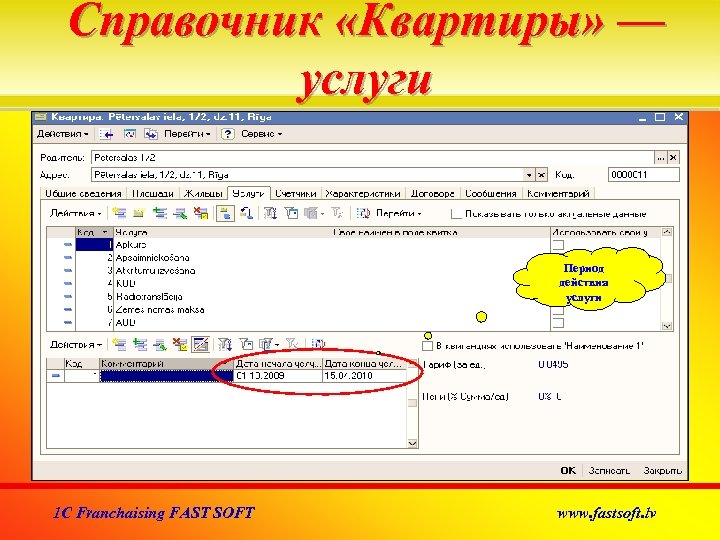 Справочник «Квартиры» –– услуги Период действия услуги 1 C Franchaising FAST SOFT www. fastsoft.