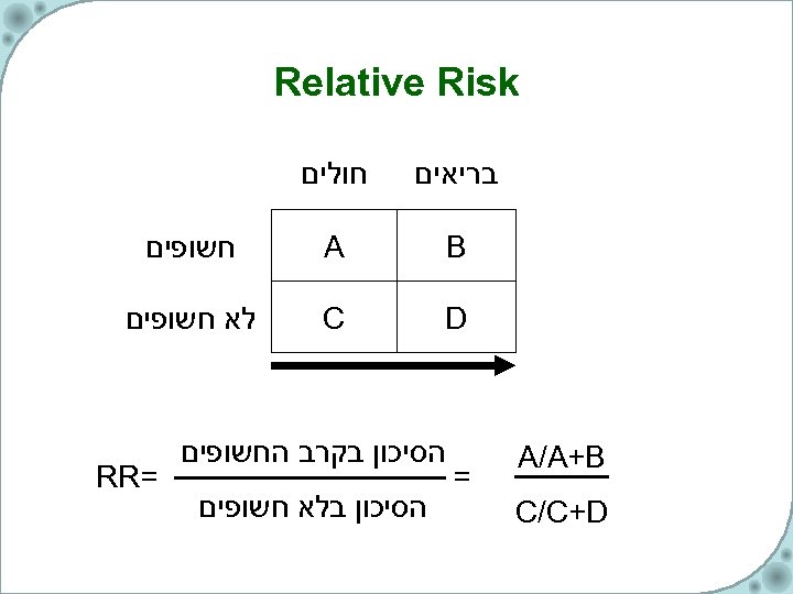 Relative Risk בריאים B C/C+D A חשופים D A/A+B חולים C לא חשופים