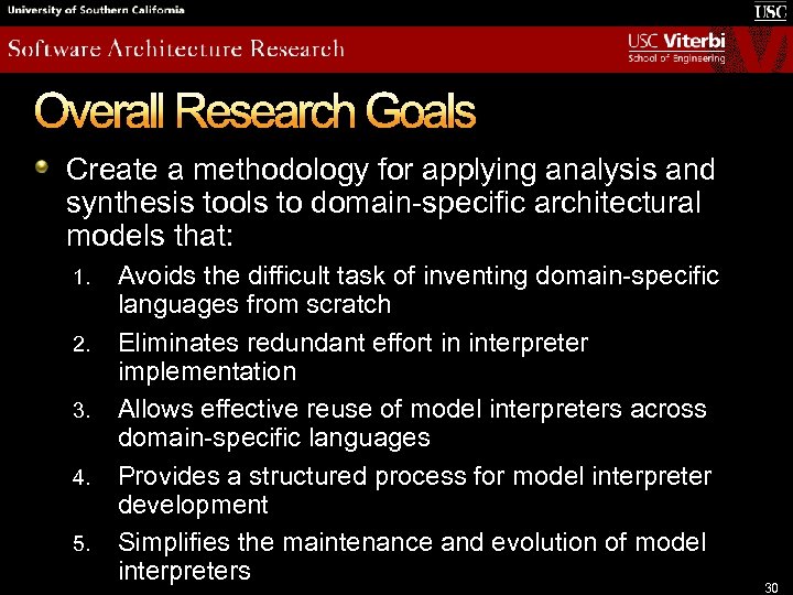 Overall Research Goals Create a methodology for applying analysis and synthesis tools to domain-specific