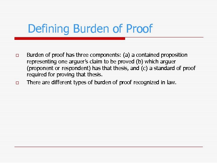Defining Burden of Proof o o Burden of proof has three components: (a) a