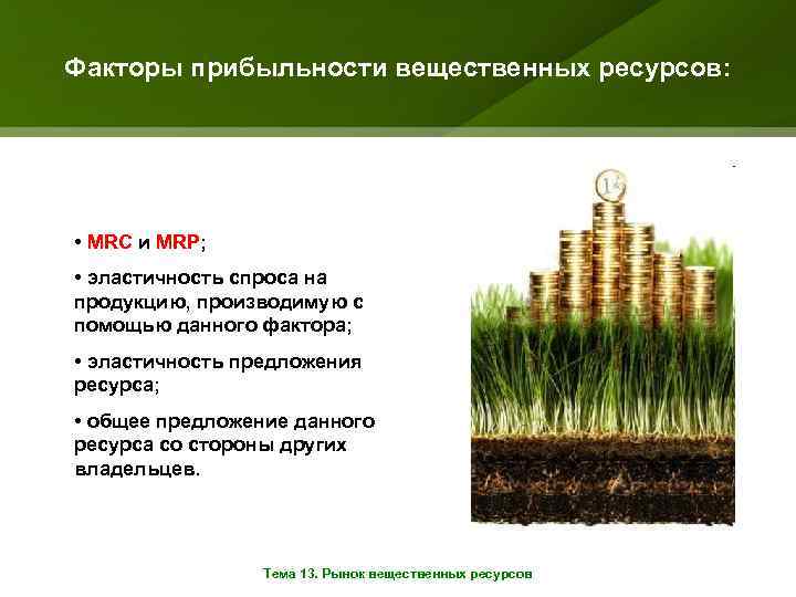 Факторы прибыльности вещественных ресурсов: • MRC и MRP; • эластичность спроса на продукцию, производимую