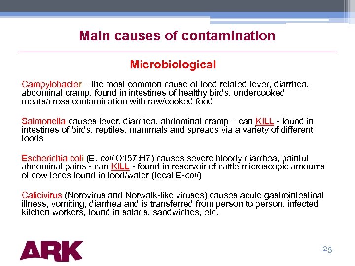Main causes of contamination Microbiological Campylobacter – the most common cause of food related