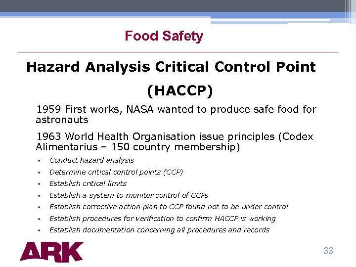 Food Safety Hazard Analysis Critical Control Point (HACCP) 1959 First works, NASA wanted to