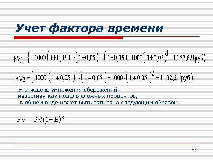 Учет фактора времени Эта модель умножения сбережений, известная как модель сложных процентов, в общем