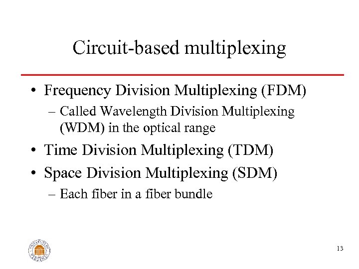 Circuit-based multiplexing • Frequency Division Multiplexing (FDM) – Called Wavelength Division Multiplexing (WDM) in