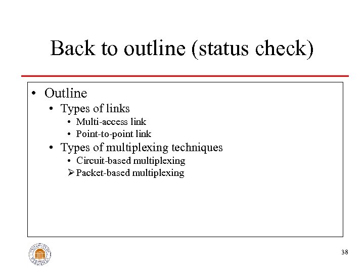 Back to outline (status check) • Outline • Types of links • Multi-access link