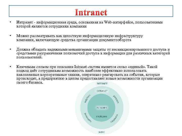 Intranet • Интранет - информационная среда, основанная на Web-интерфейсе, пользователями которой являются сотрудники компании