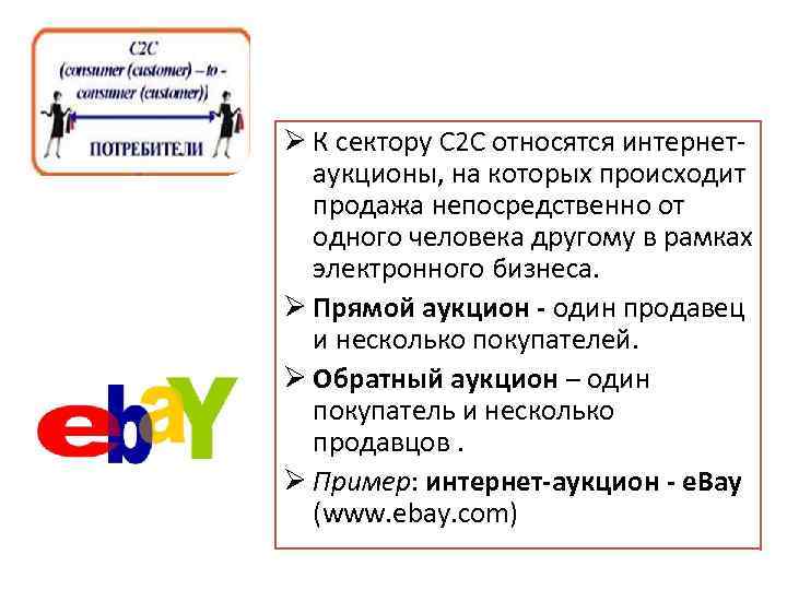 Ø К сектору С 2 С относятся интернетаукционы, на которых происходит продажа непосредственно от