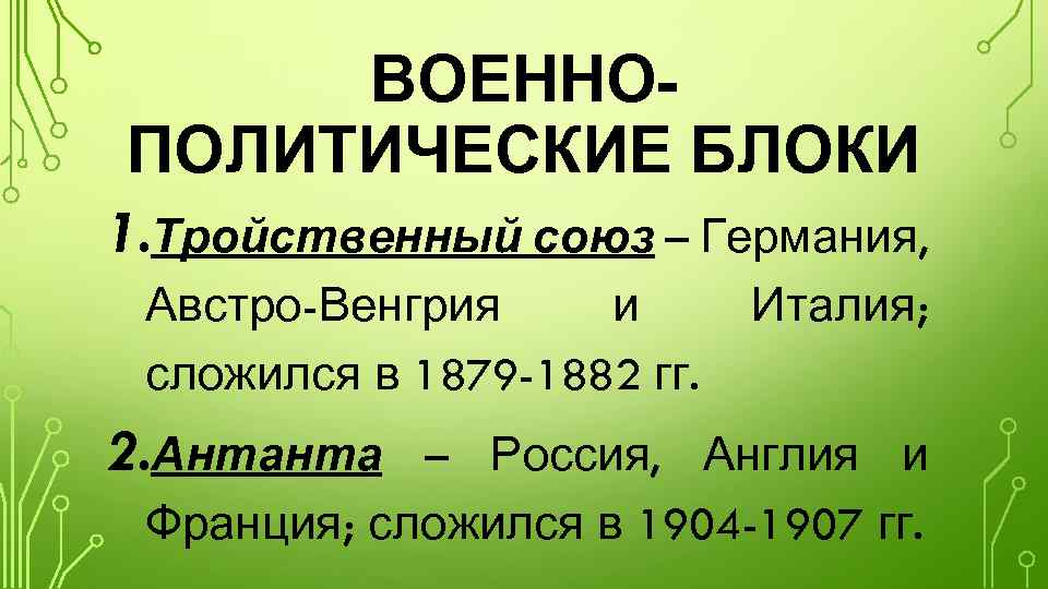 ВОЕННОПОЛИТИЧЕСКИЕ БЛОКИ 1. Тройственный союз – Германия, Австро-Венгрия и сложился в 1879 -1882 гг.