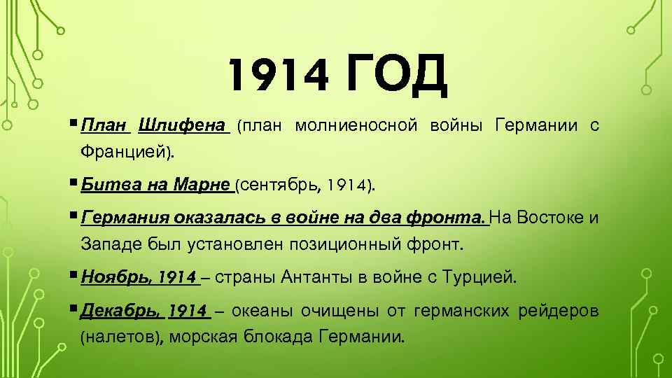 1914 ГОД § План Шлифена (план молниеносной войны Германии с Францией). § Битва на