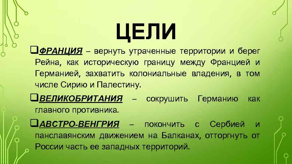 ЦЕЛИ q. ФРАНЦИЯ – вернуть утраченные территории и берег Рейна, как историческую границу между