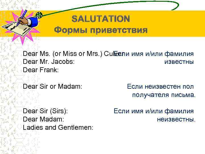 SALUTATION Формы приветствия Dear Ms. (or Miss or Mrs. ) Culver: имя и/или фамилия