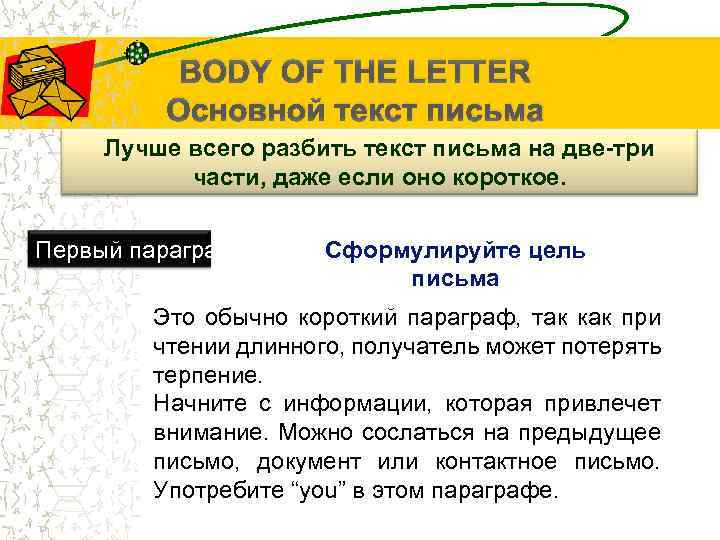 BODY OF THE LETTER Основной текст письма Лучше всего разбить текст письма на две-три