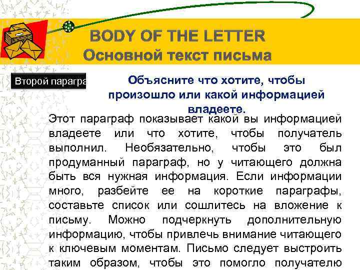 BODY OF THE LETTER Основной текст письма Объясните что хотите, чтобы произошло или какой