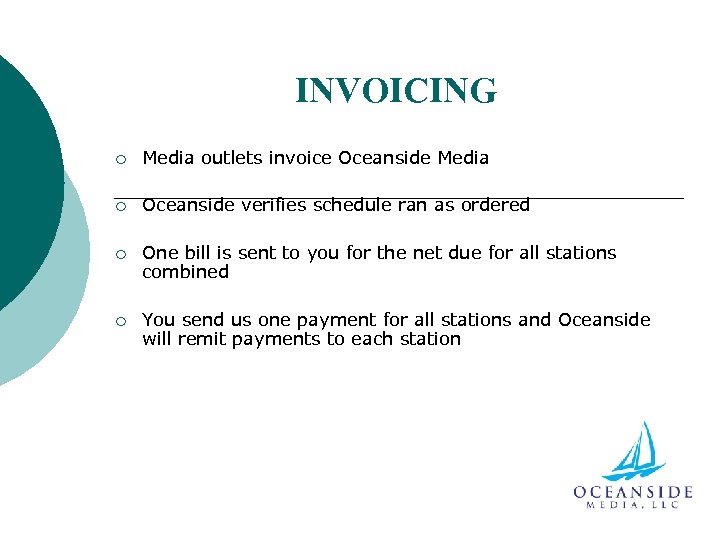 INVOICING ¡ Media outlets invoice Oceanside Media ¡ Oceanside verifies schedule ran as ordered