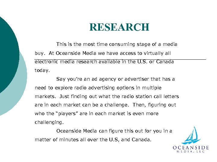 RESEARCH This is the most time consuming stage of a media buy. At Oceanside