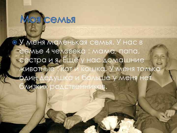 Моя семья У меня маленькая семья. У нас в семье 4 человека : мама,