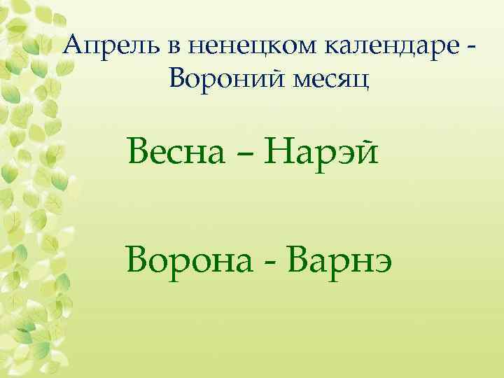 Апрель в ненецком календаре Вороний месяц Весна – Нарэй Ворона - Варнэ 
