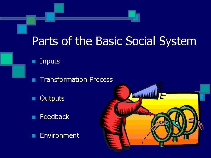 Parts of the Basic Social System n Inputs n Transformation Process n Outputs n
