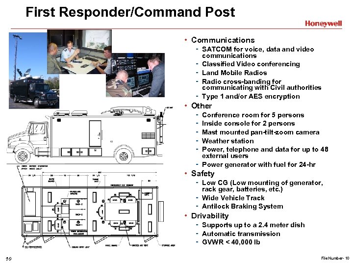 First Responder/Command Post • Communications - SATCOM for voice, data and video - communications