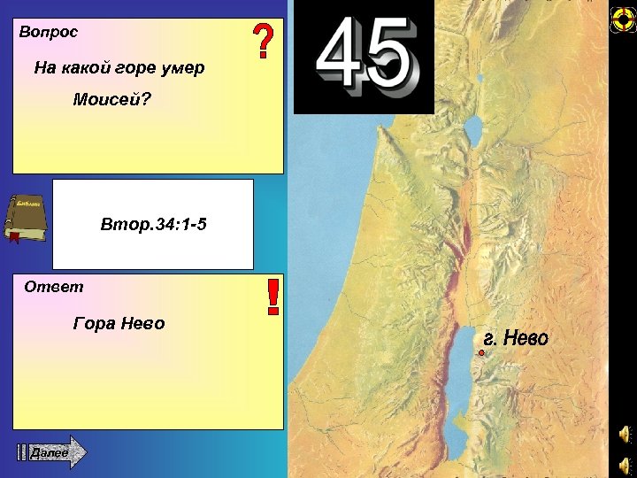 Вопрос На какой горе умер Моисей? Втор. 34: 1 -5 Ответ Гора Нево Далее